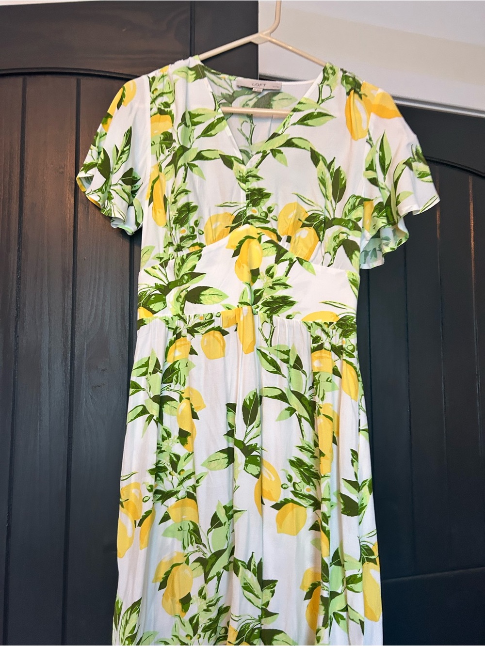 LOFT White Midi Dress with Yellow Lemon & Green Leaf Print